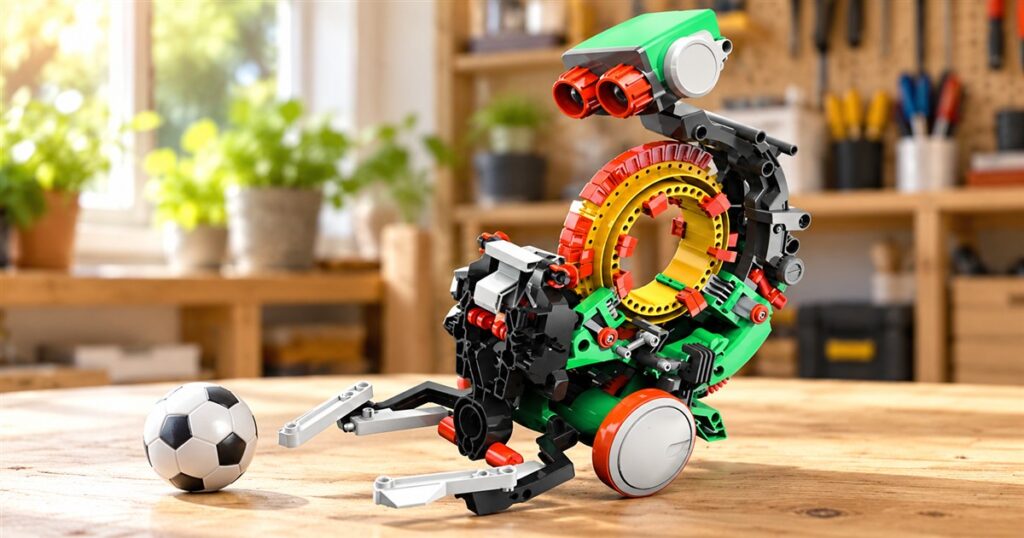 Mech-5 mechanical coding robot with exposed yellow command wheel and green chassis