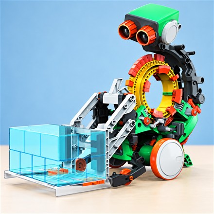 Mech-5 mechanical coding robot with exposed yellow command wheel and green chassis