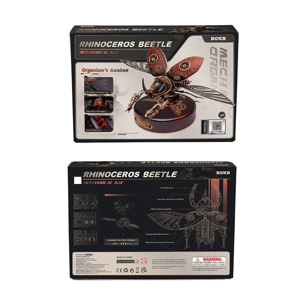 Front and back of the rhinoceros beetle model kit packaging