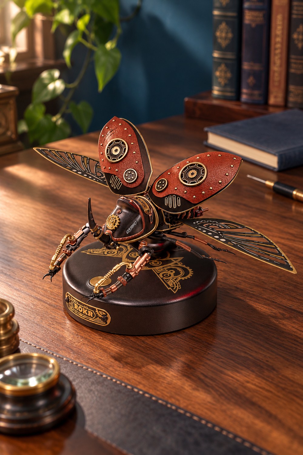 ROKR mechanical rhinoceros beetle model with raised brown armor and spread etched metal wings on its round display base on a sunlit walnut desk.
