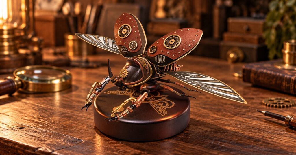 Mechanical rhinoceros beetle model with brown armor and etched silver wings