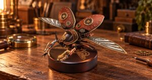 Mechanical rhinoceros beetle model with brown armor and etched silver wings