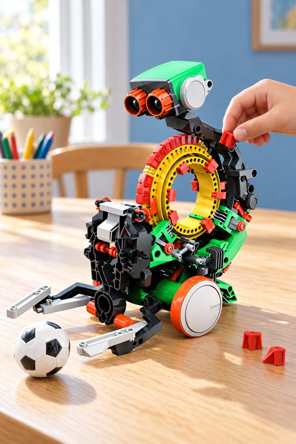 Green Mech-5 mechanical coding robot with a yellow command wheel and small soccer ball on a wooden table, beside a hand holding a red coding tab.