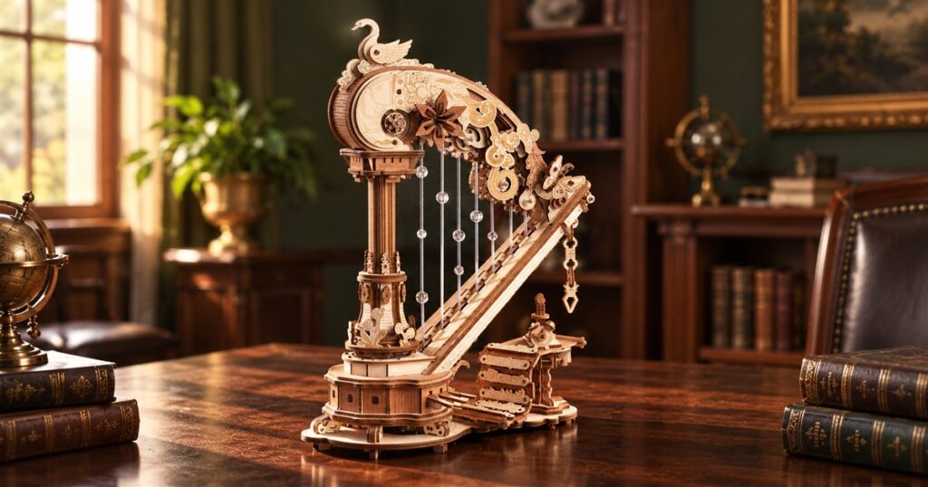 Wooden mechanical harp music box on a study table
