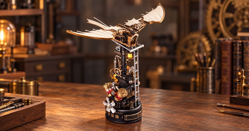 Mechanical ornithopter model on a wooden desk