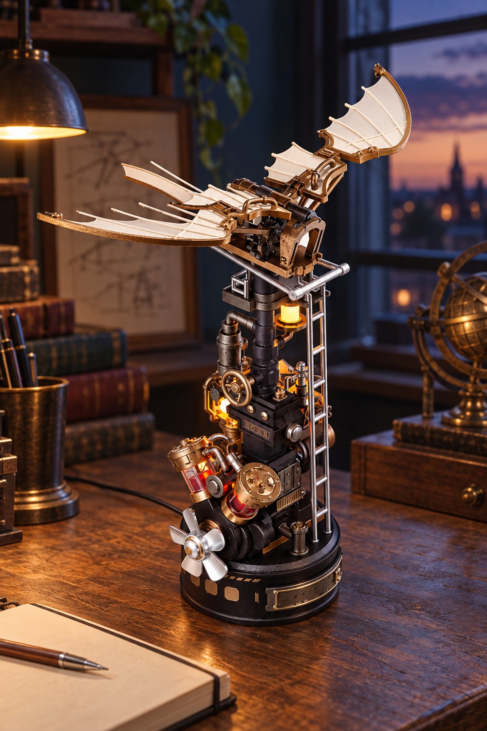 AI-generated lifestyle visualization of the assembled ROKR ornithopter model with ivory wings, a silver ladder, and glowing amber and red chambers on a study desk at dusk.