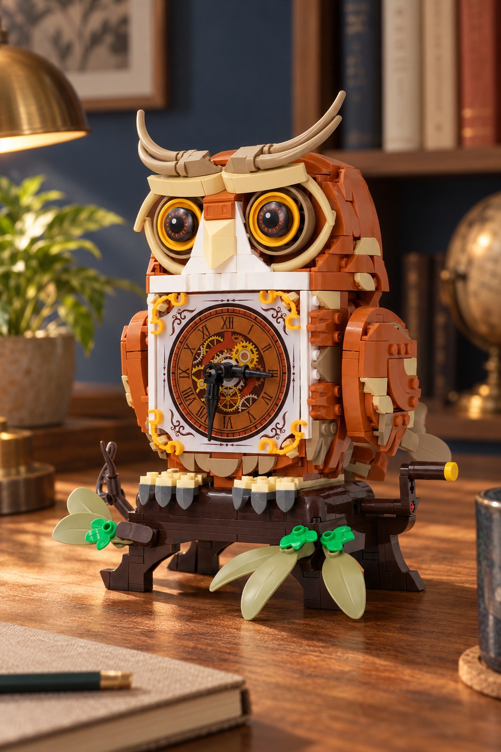 Orange-brown brick-built mechanical owl with large round eyes, a decorative Roman-numeral dial and a side hand crank on a leafy branch base atop a wooden desk.