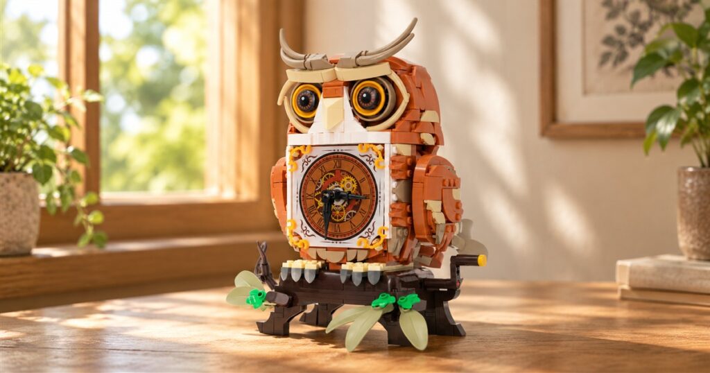Brick-built mechanical owl on a wooden table by a window