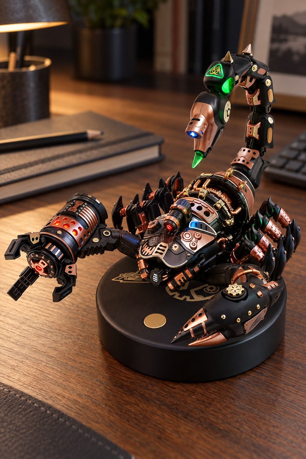 Black and copper-colored ROKR mechanical scorpion model with illuminated claws and arched tail on its circular base on a wooden desk.