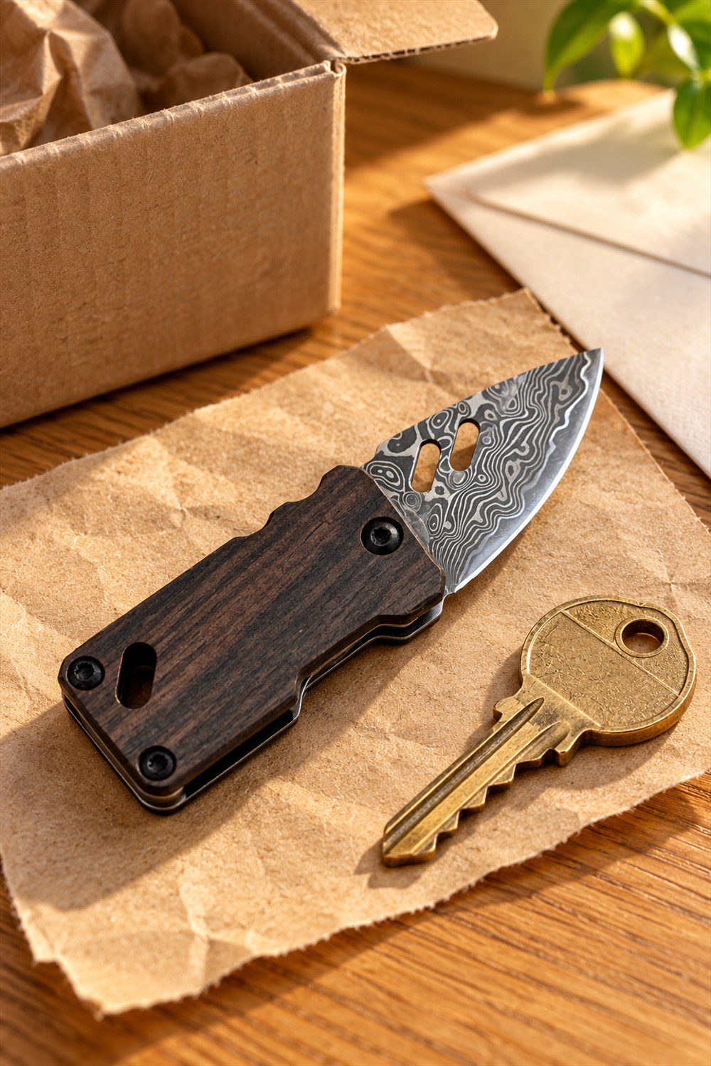 Open miniature Damascus folding knife with an ebony handle beside a brass house key on kraft paper near a cardboard parcel.