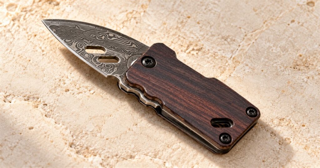 Micro Damascus pocket knife with dark ebony handle