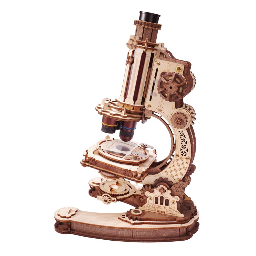 Working wooden microscope with ornate frame