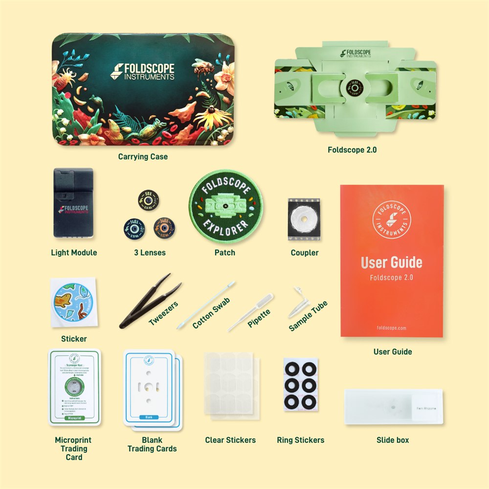 Foldscope Explorer Kit microscope, lenses, light module, sample tools and metal case