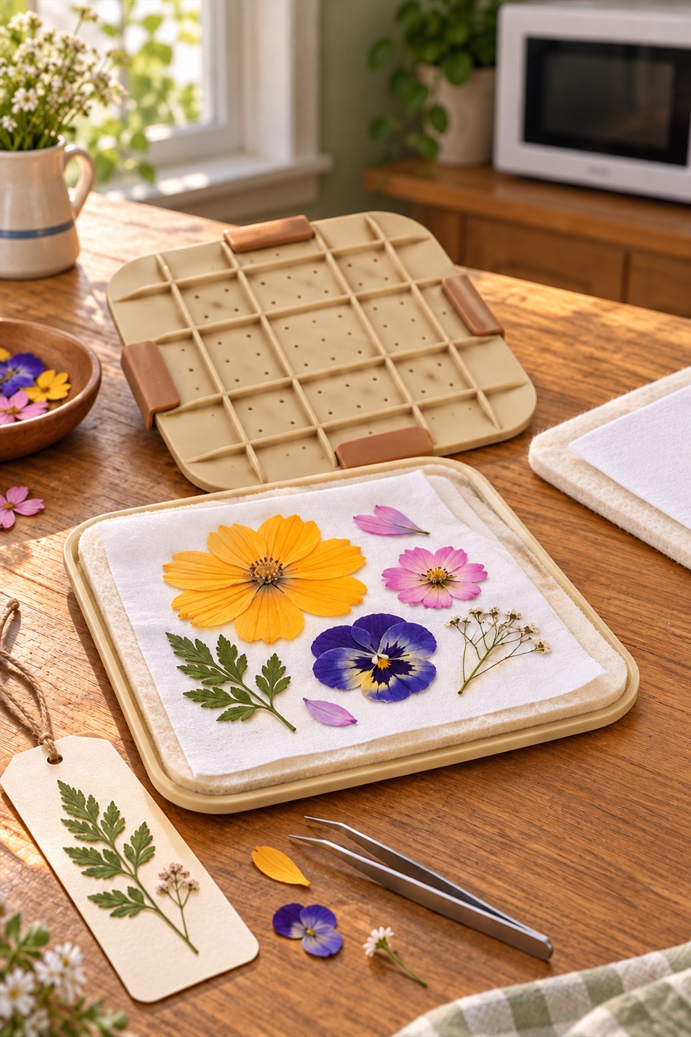 Open beige Microfleur flower press with yellow, pink and purple flowers on a white liner beside its grid lid and a botanical bookmark.