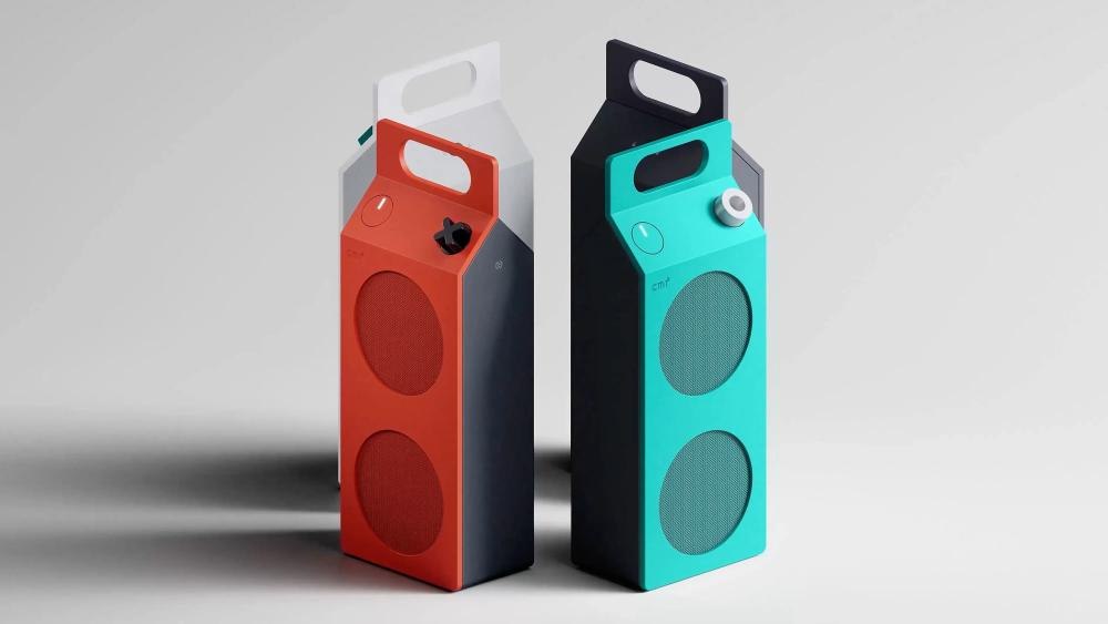 Carton-shaped speakers showing colorful folded front panels