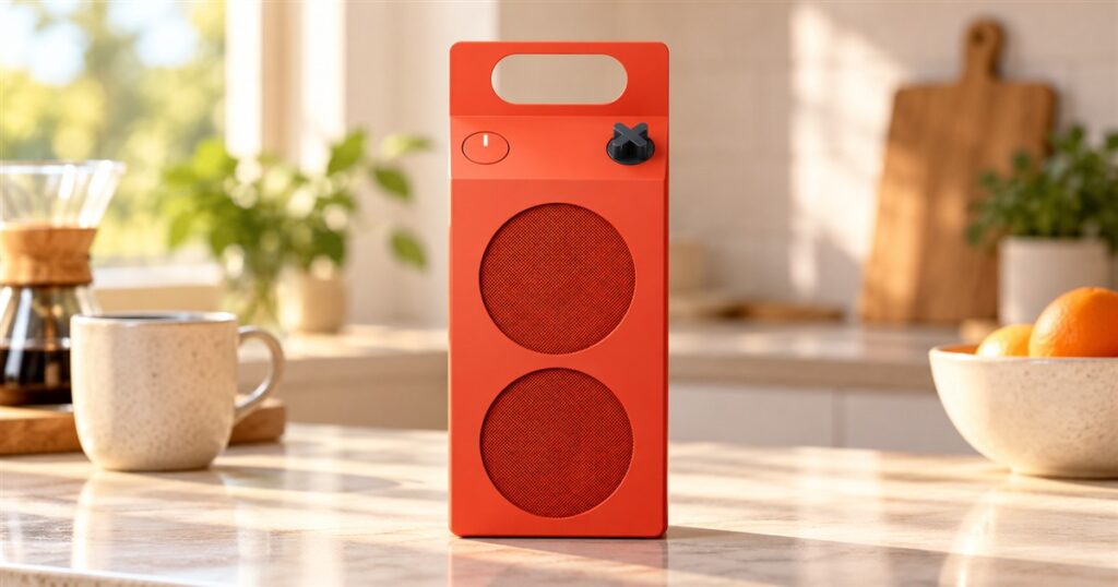 Orange milk-carton Bluetooth speaker on a kitchen counter