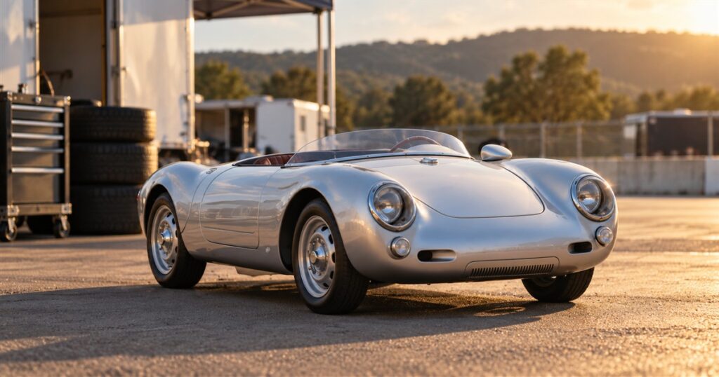 Editorial illustration of the silver Porsche 550 J electric mini roadster in a private paddock