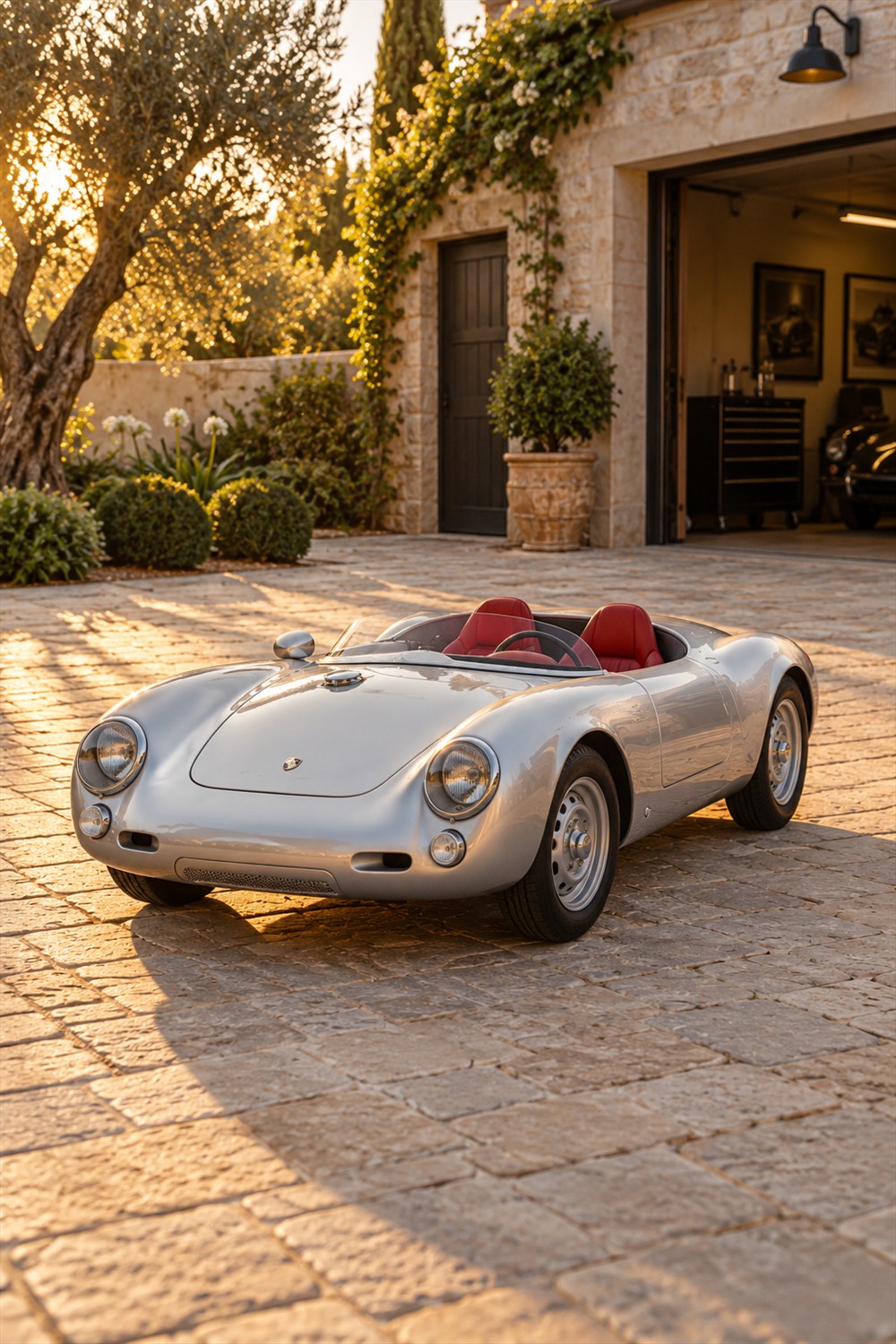 Silver Porsche 550 J miniature electric roadster with red seats and a low windscreen parked on a stone courtyard outside a garage at sunset.
