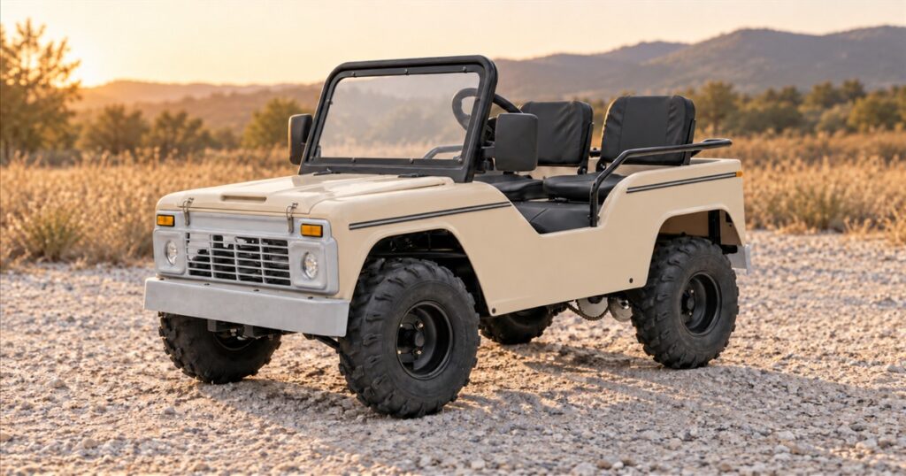 Cream miniature pickup-style go-kart parked on gravel beside a meadow
