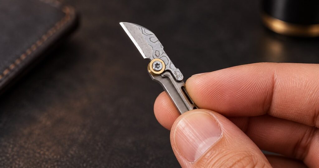 Editorial visualization of TIKZER G11 miniature titanium folding knife