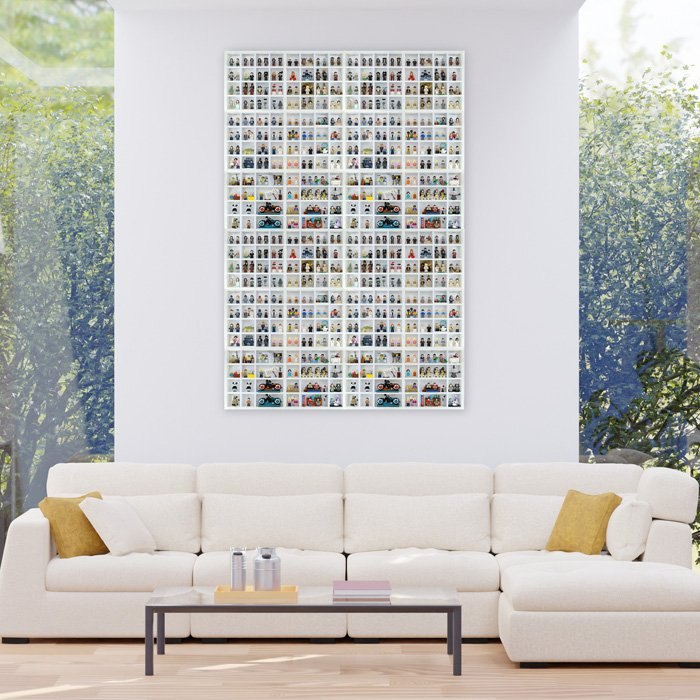 Large minifigure display mounted above a sofa