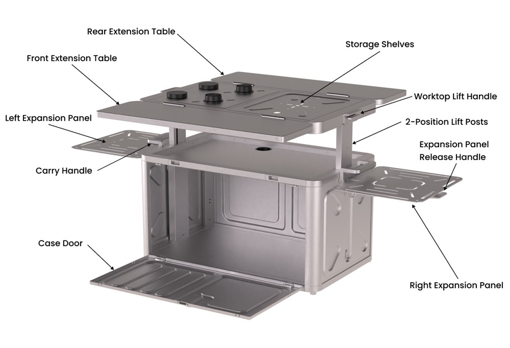 HECHEER modular camp kitchen expanded with labeled storage and work surfaces