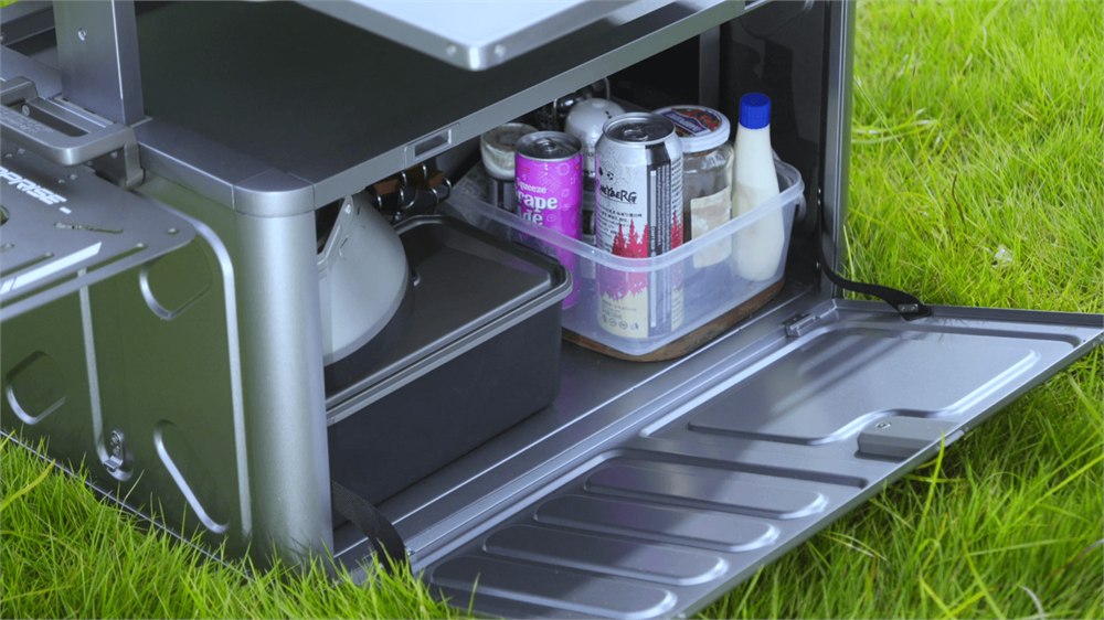 Open HECHEER aluminum storage compartment holding cookware and drinks