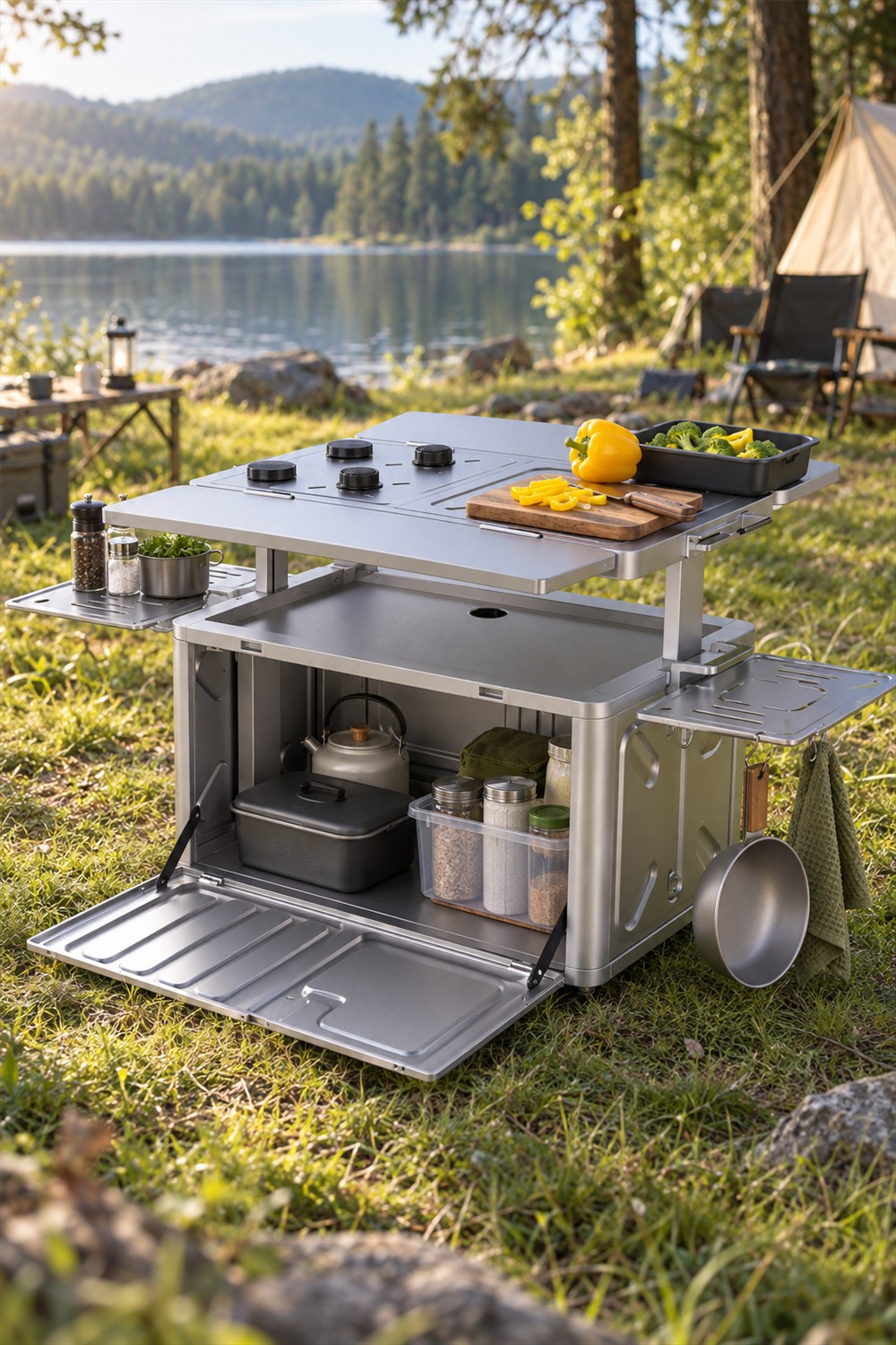 Expanded silver aluminum camp kitchen on grass beside a lake, with an open storage cabinet, raised prep surface, yellow pepper, cookware and a hanging green towel.