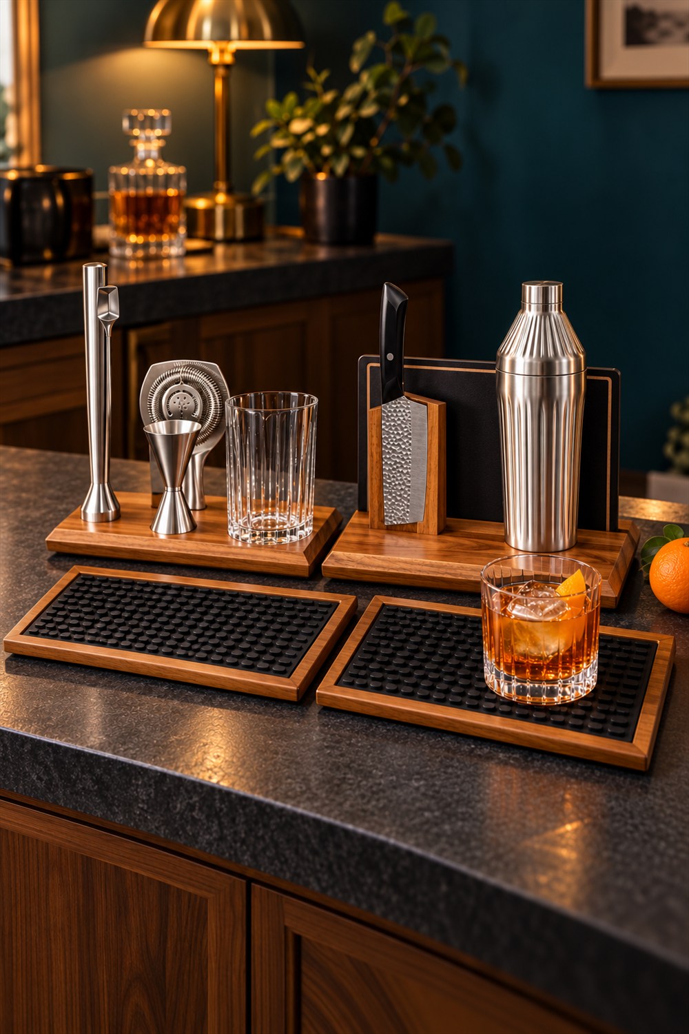Acacia cocktail stations with fluted stainless steel shaker, mixing glass, stored bar tools and two black silicone mats on a home bar counter.