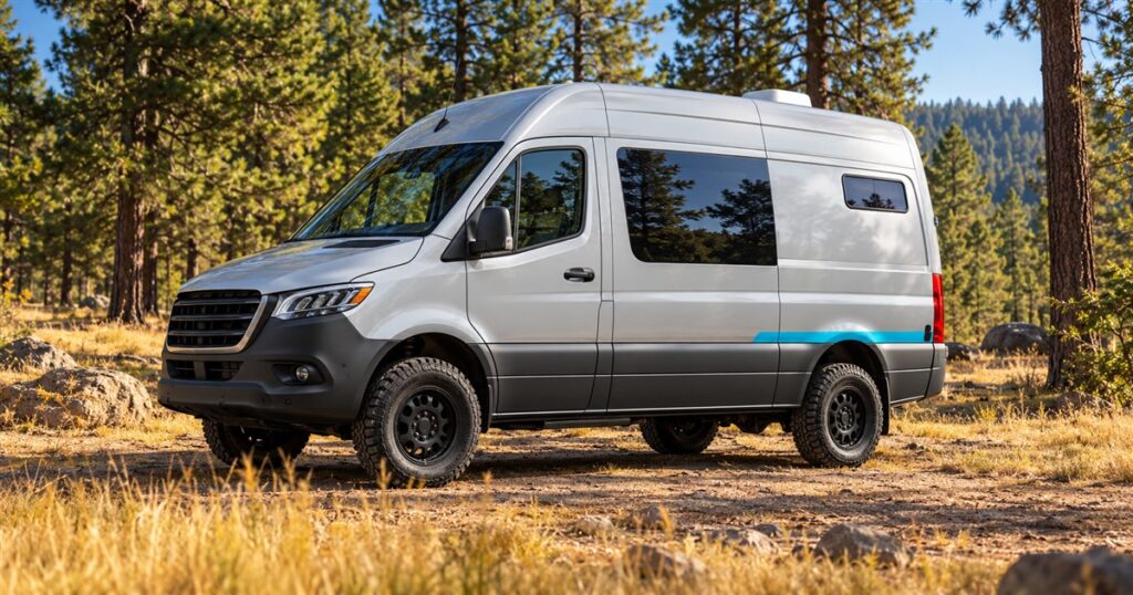 Silver modular camper van in a forest clearing