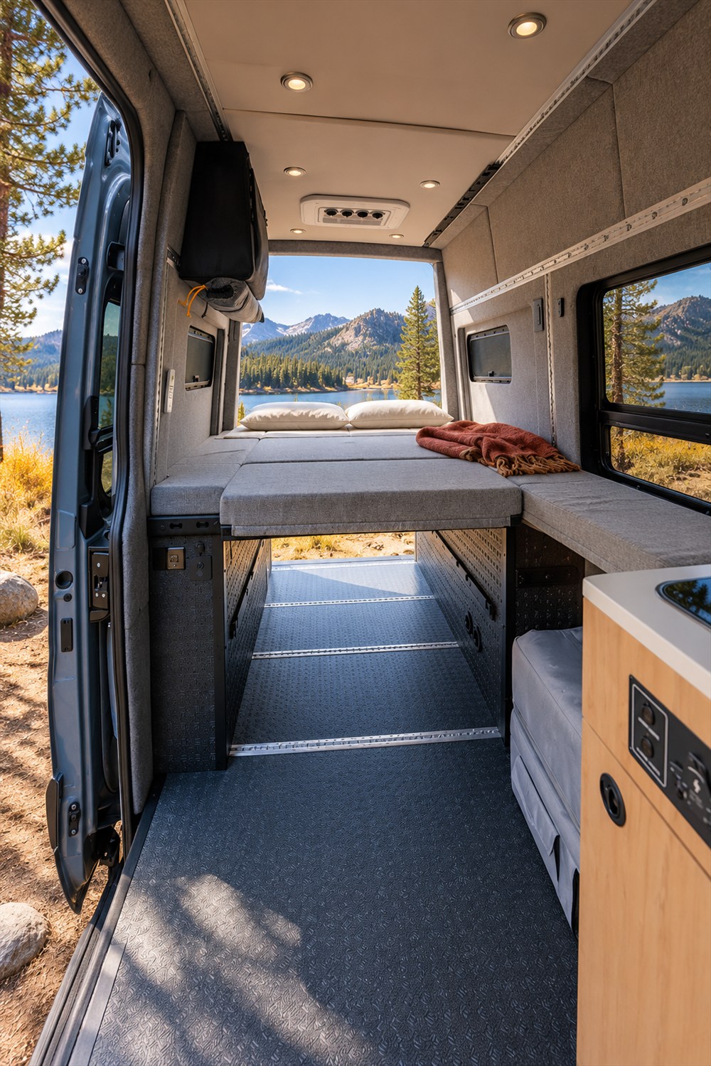 AI-generated lifestyle photograph of the Storyteller GEAR MODE camper van interior with its raised modular bed, open storage space below and rear doors overlooking a mountain lake.