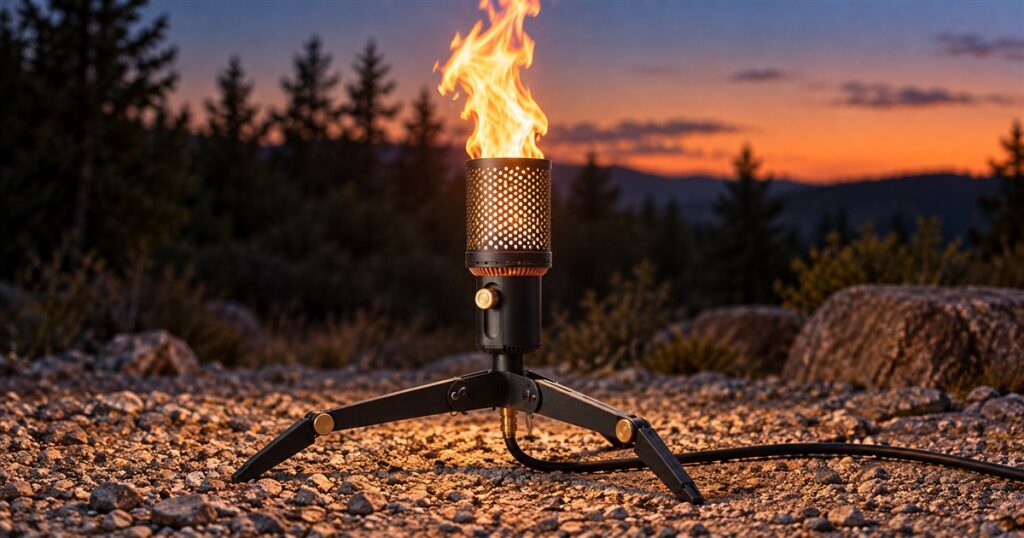 Camp Torch propane burner in low tripod configuration
