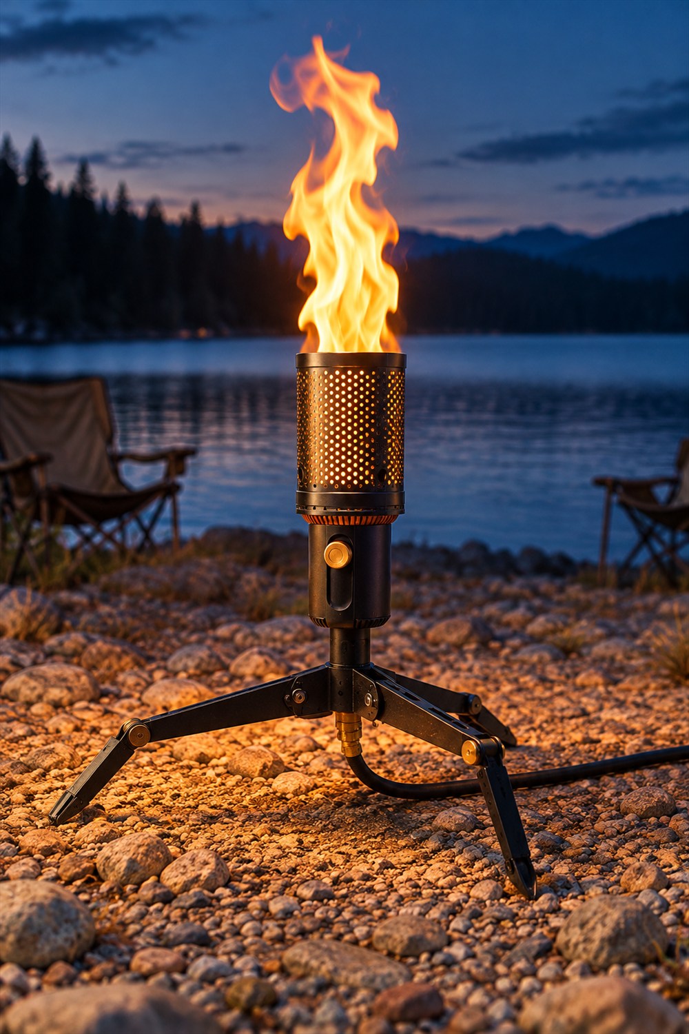 AI-generated lifestyle visualization of the crowdfunding Camp Torch in its low tripod configuration, with a perforated black burner, brass control knob and orange flame at a lakeside campsite.