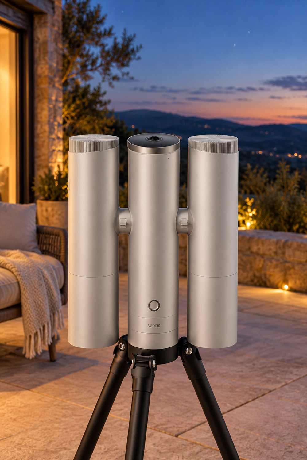 AI-generated lifestyle visualization of the preorder Vaonis Atlas Twin telescope on a black tripod, with both silver imaging modules folded vertically on a terrace at dusk.