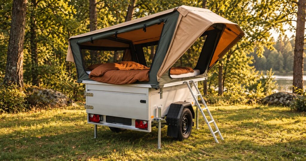 Campanero Pah-Pah modular tent trailer in a woodland setting