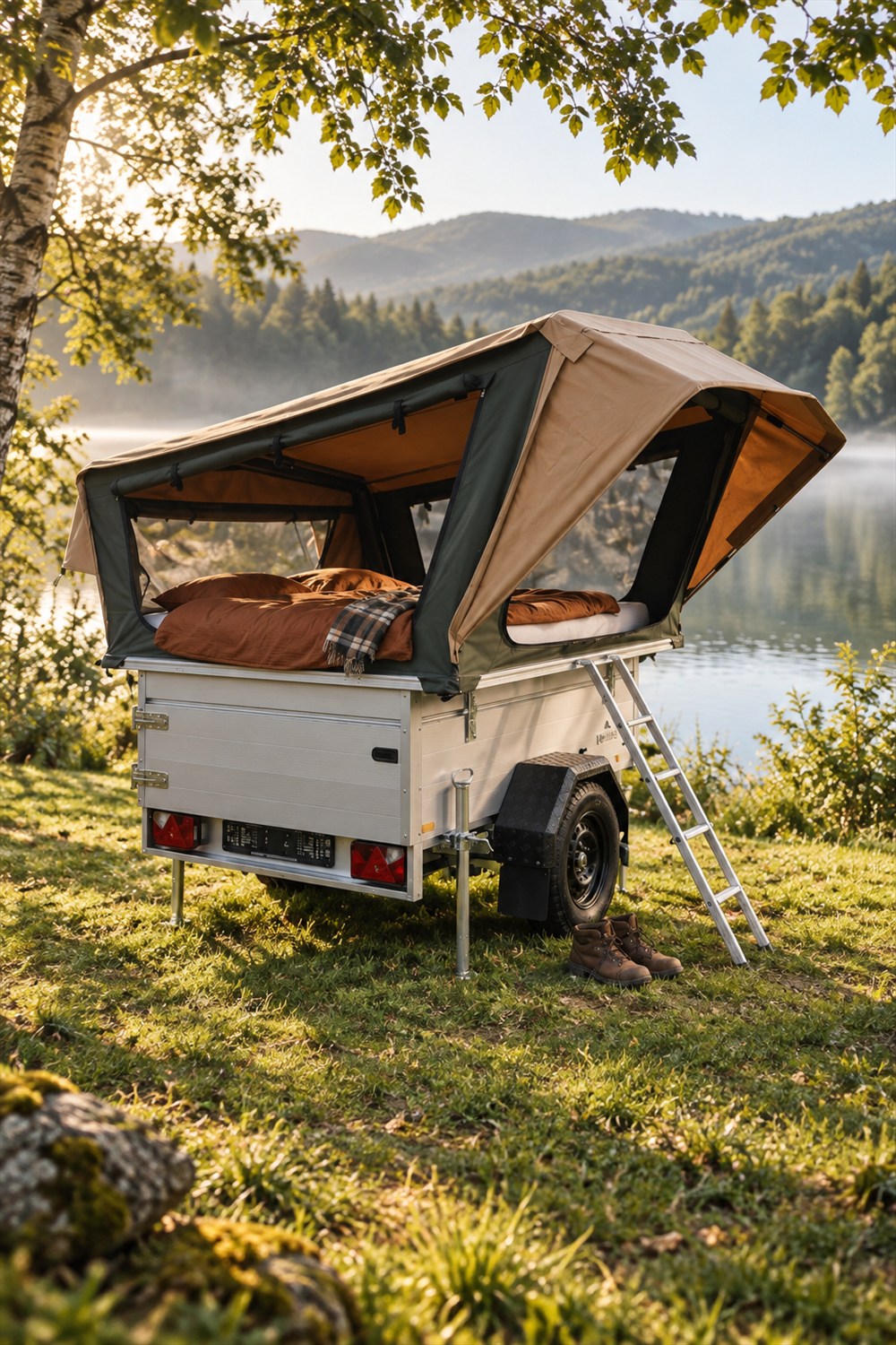 A silver tent trailer with an open tan and dark green sleeping cabin, rust-colored bedding and a side ladder stands on grass beside a lake.