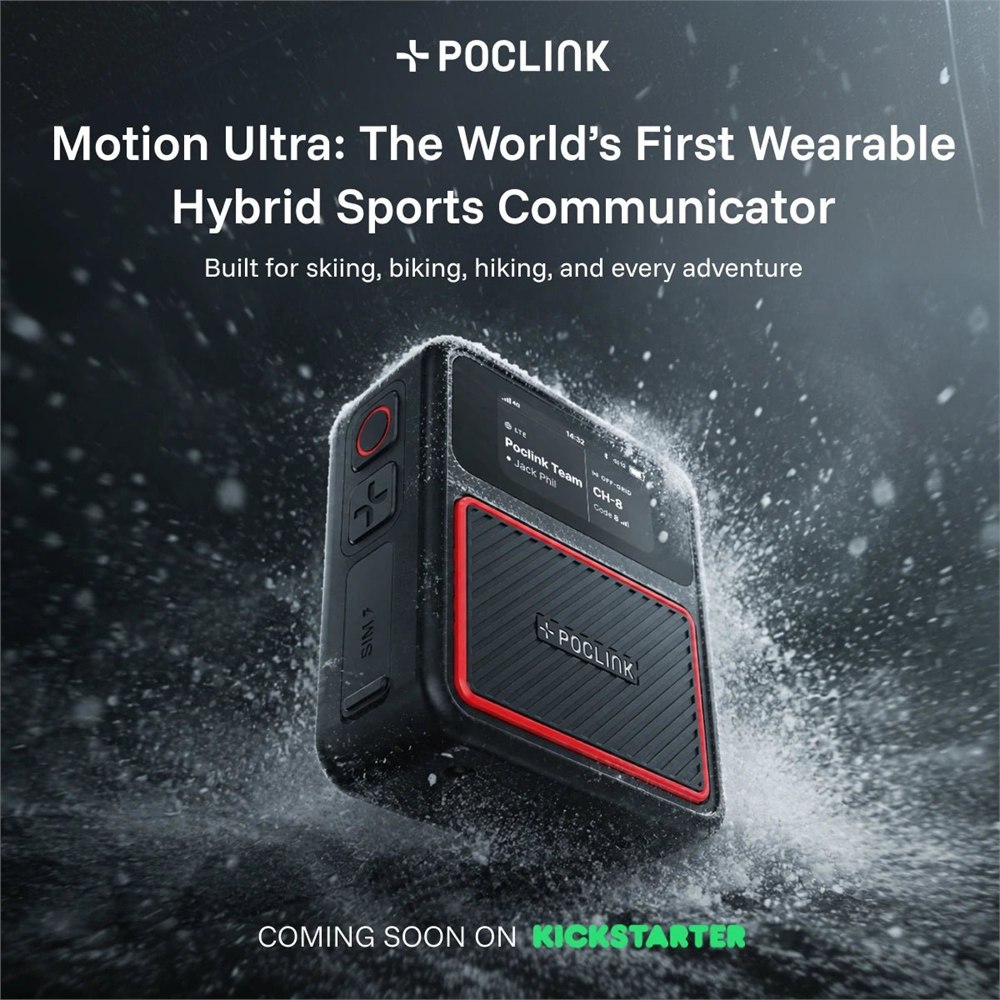 Official Poclink Motion Ultra black and red wearable radio promotional image