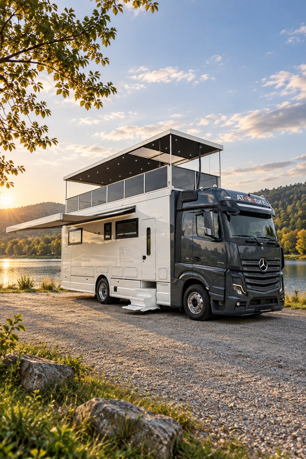 ATventure 1070 motorhome with a dark truck cab, white living body, extended awning and raised rooftop terrace canopy parked beside a lake at sunset.