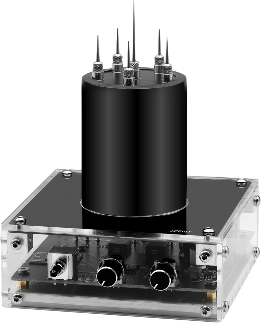 JE-19 Tesla coil with six discharge needles and a clear electronics enclosure