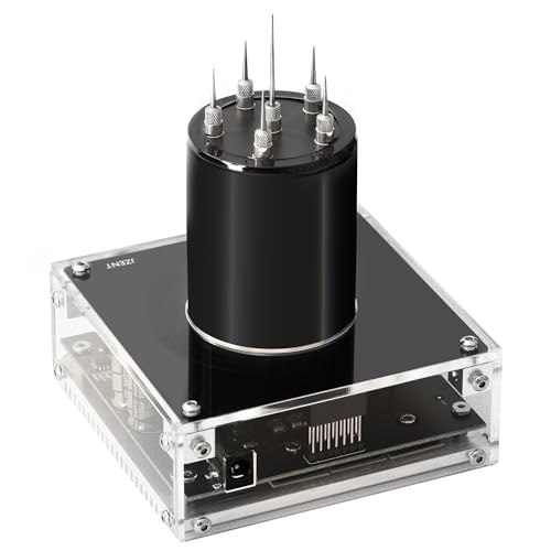 Rear three-quarter view of the compact black Tesla coil and transparent base