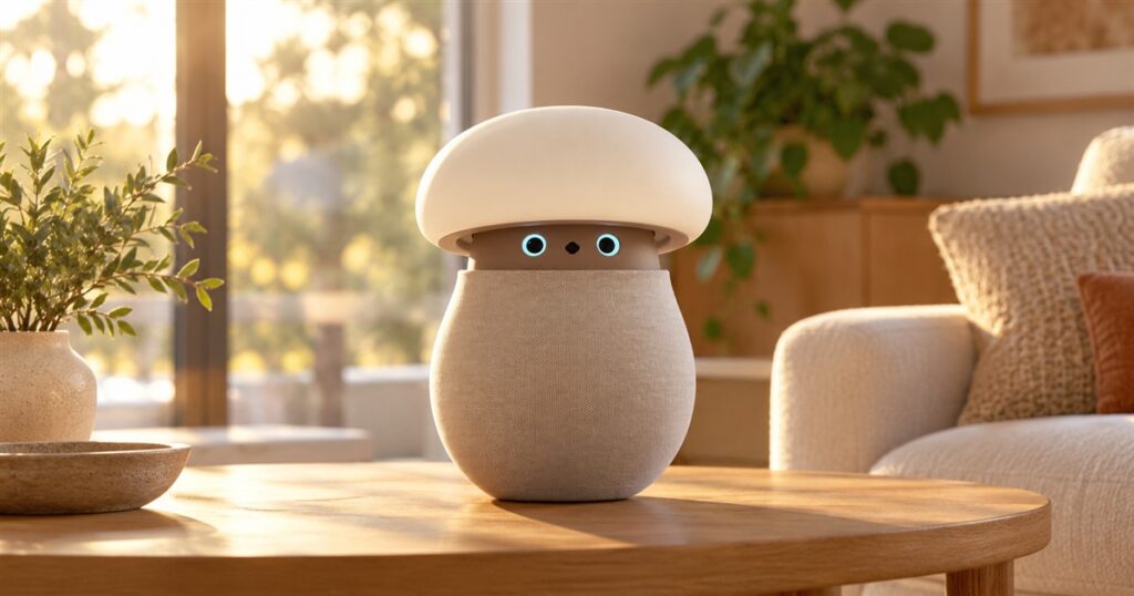 Mori tabletop companion robot with a glowing cap