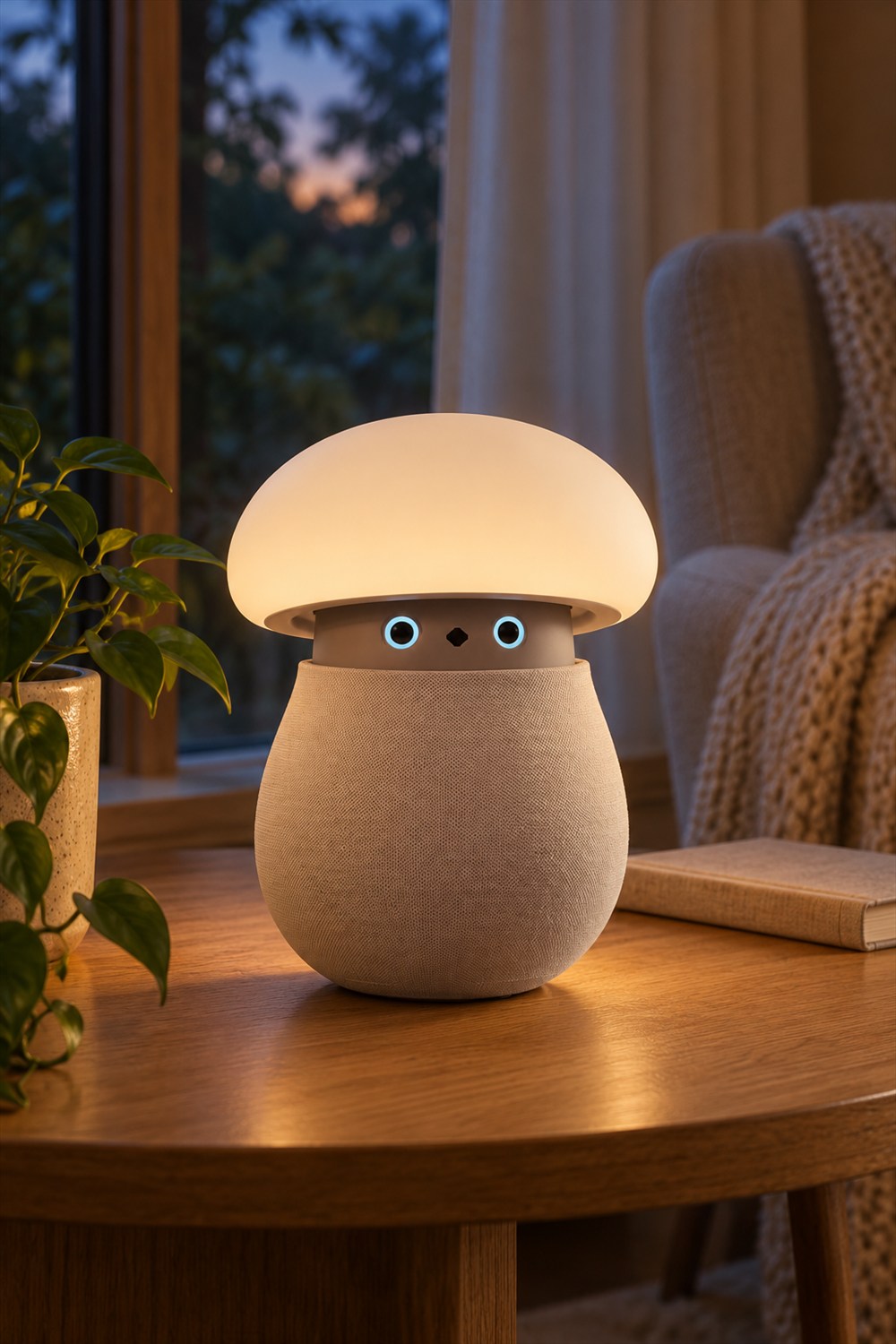 AI-generated visualization of Mori with a softly glowing ivory cap, cyan ring eyes, and a fabric-covered body on an oak side table beside a reading chair at dusk.