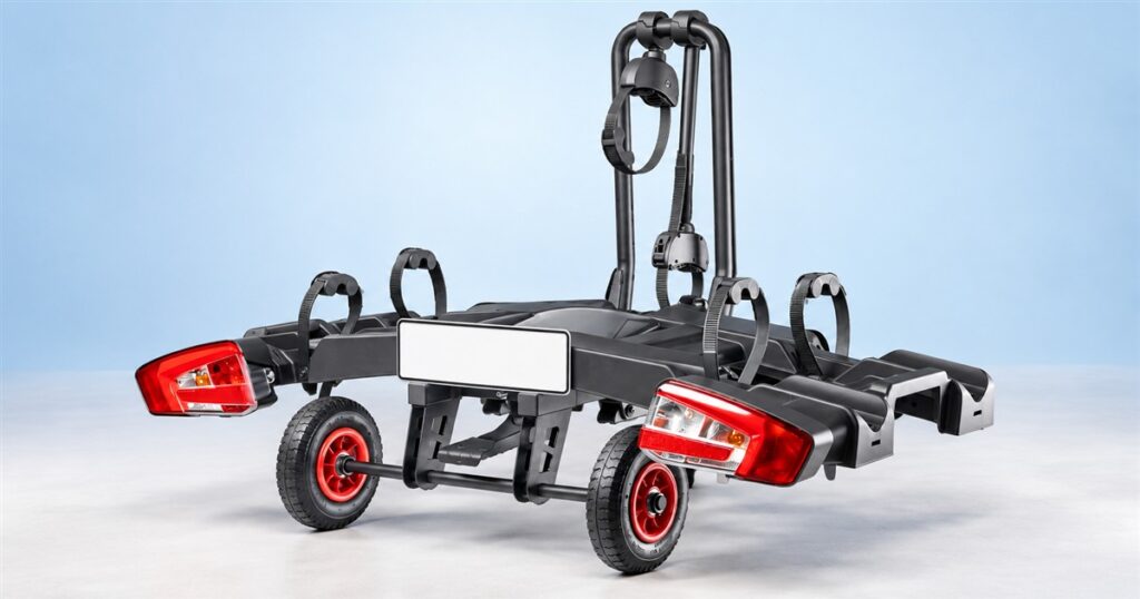 Goover rolling bike rack with two trays and red transport wheels