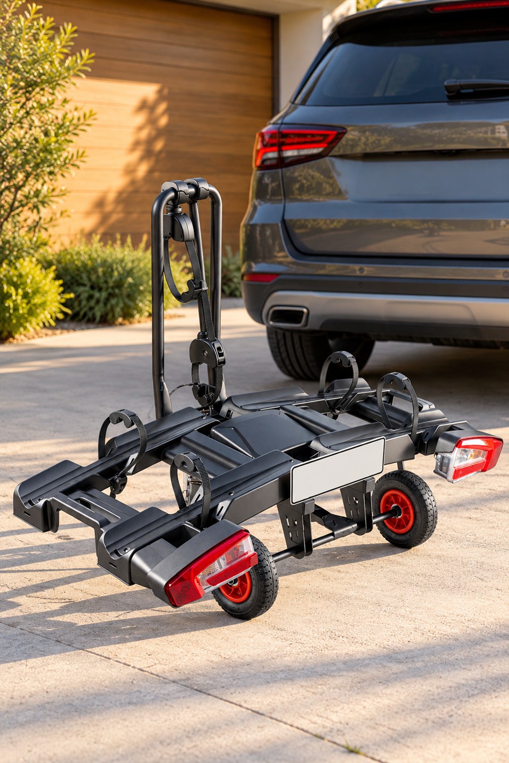 AI visualization of an empty Goover two-bike rack with red transport-wheel hubs and rear lights on a level driveway beside a parked SUV.
