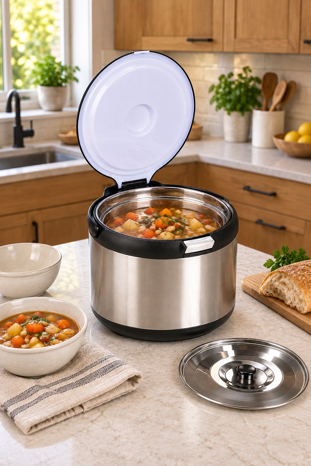 Open stainless steel thermal cooker with vegetable stew in its nested inner pot, with the separate metal lid and serving bowls on a kitchen counter.