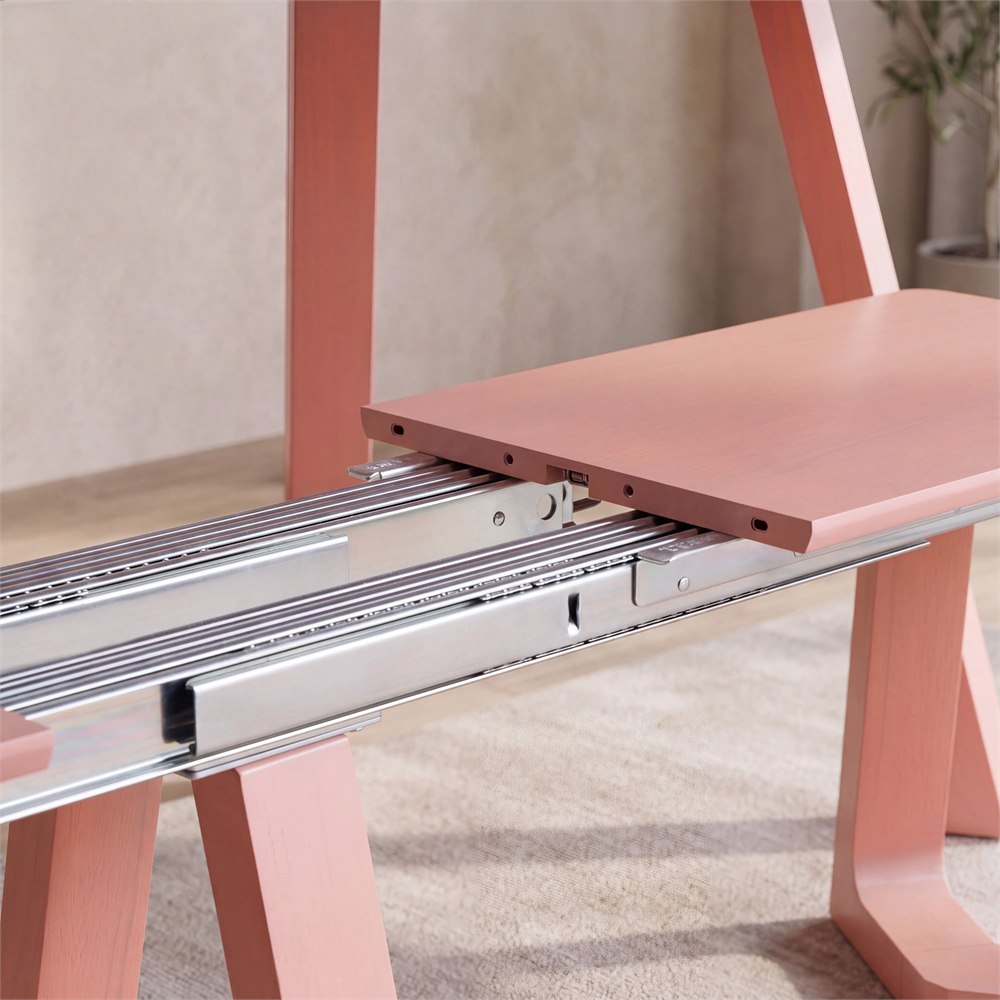 Matching pink bench opened along its extension rails