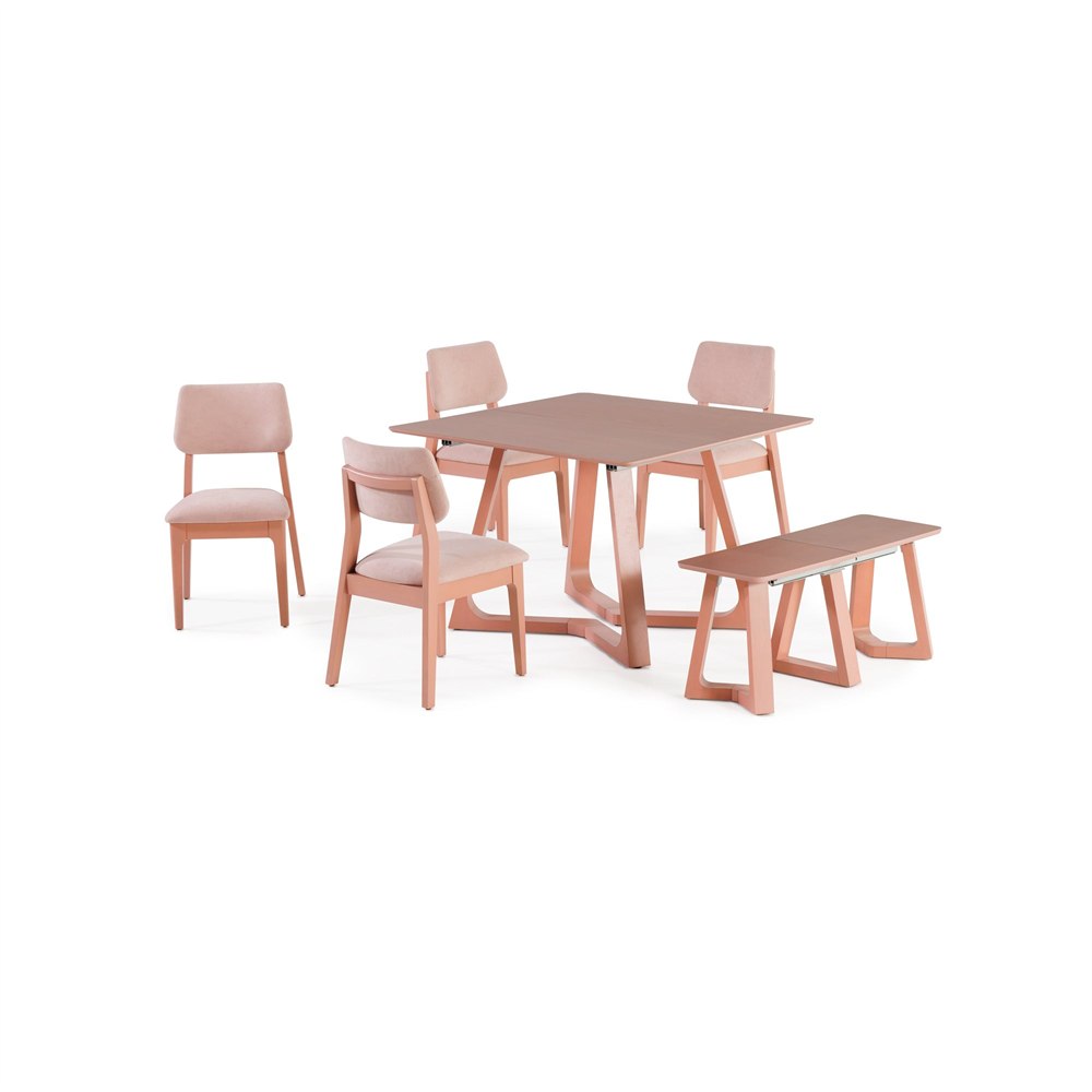 Compact NOVA table with matching bench and four upholstered chairs