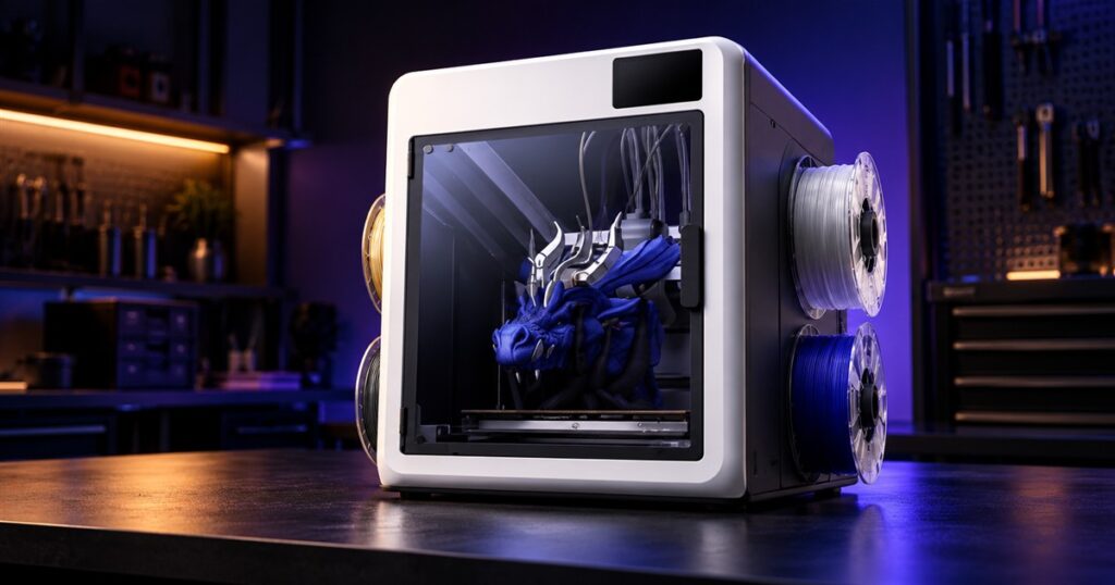 White four-nozzle 3D printer on a workshop bench