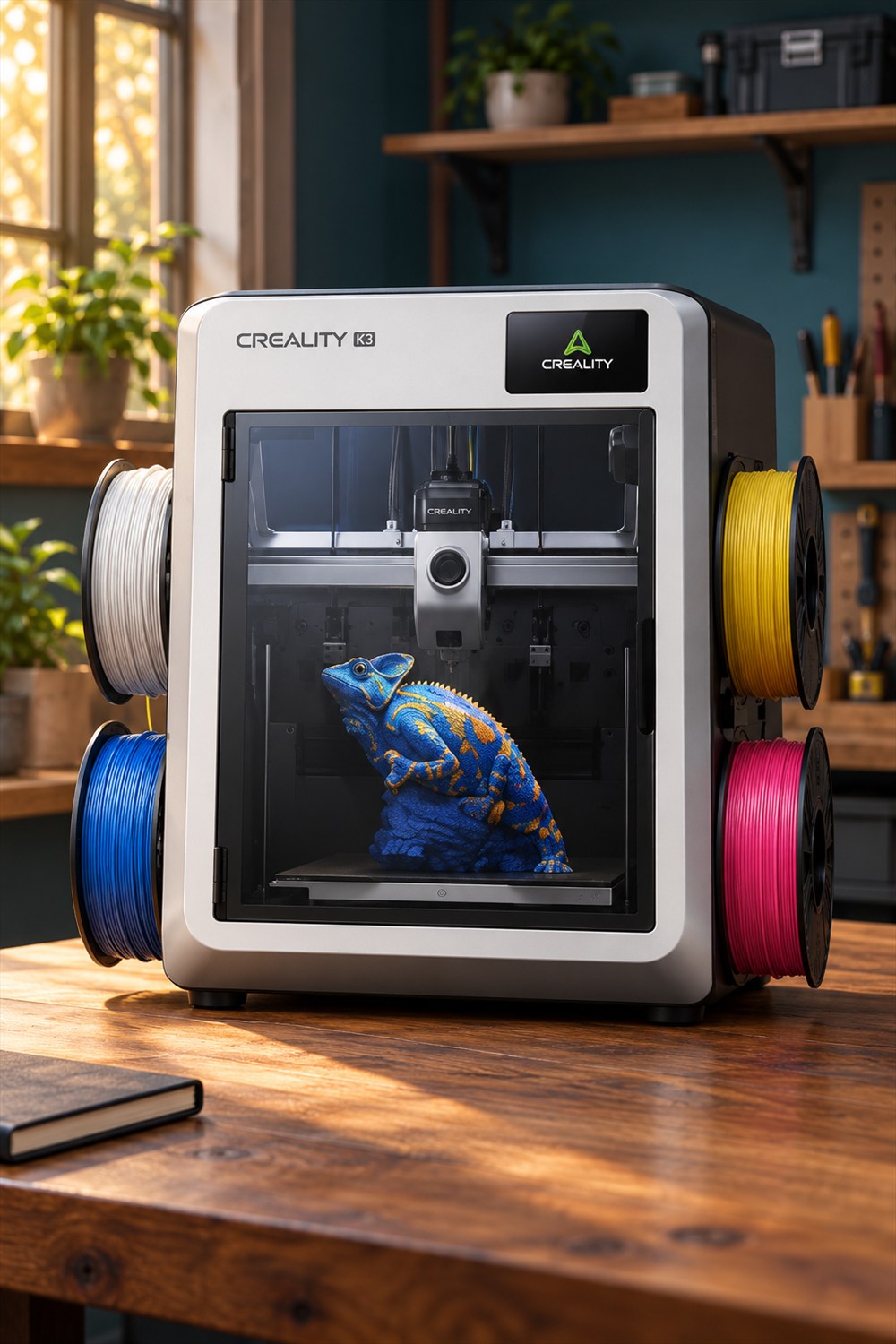 AI-generated lifestyle visualization of the announced Creality K3 3D printer with four side-mounted filament spools and a blue-and-yellow printed lizard on a sunlit workshop bench.