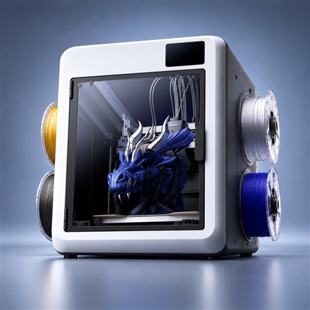 White nozzle-changing 3D printer against a blue-gray studio background